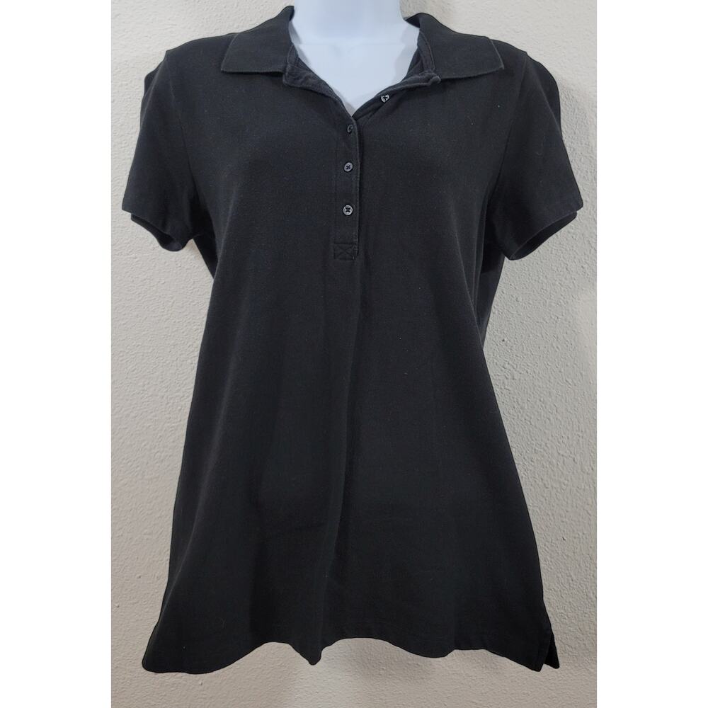 Faded Glory Black 5 Button Polo Top Medium 8 10 Lightweight Soft Stretchy